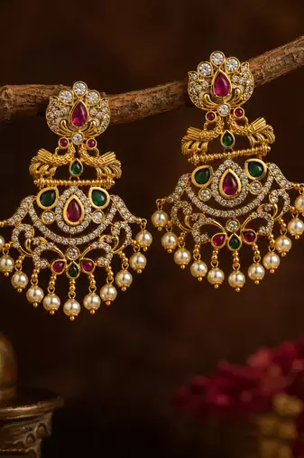Gold plated ruby green designer earrings with pearl drops | traditional ethnic jewelry