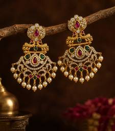 Gold plated ruby green designer earrings with pearl drops | traditional ethnic jewelry