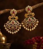 Gold plated ruby green designer earrings with pearl drops | traditional ethnic jewelry