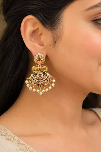 Gold plated ruby green designer earrings with pearl drops | traditional ethnic jewelry