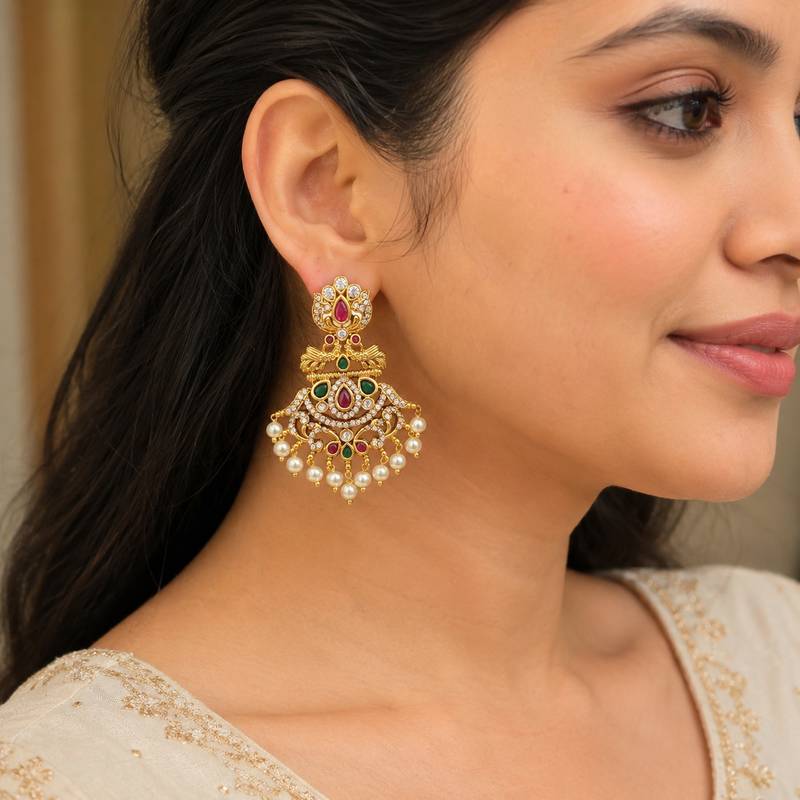 Gold plated ruby green designer earrings with pearl drops | traditional ethnic jewelry