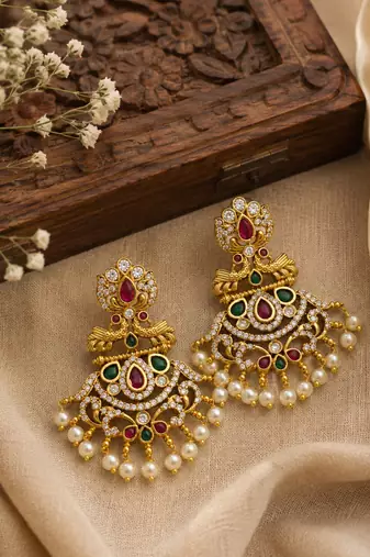 Gold plated ruby green designer earrings with pearl drops | traditional ethnic jewelry