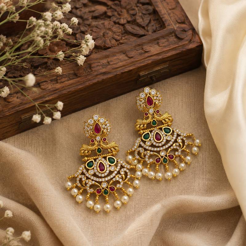 Gold plated ruby green designer earrings with pearl drops | traditional ethnic jewelry