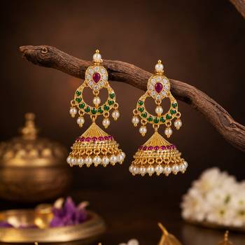Traditional south indian gold plated jhumka earrings with green stones & pearl drops 1