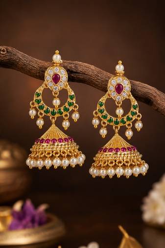 Traditional south indian gold plated jhumka earrings with green stones & pearl drops