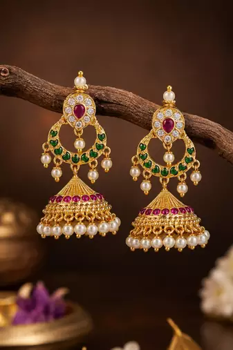 Traditional south indian gold plated jhumka earrings with green stones & pearl drops