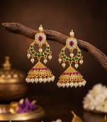 Traditional south indian gold plated jhumka earrings with green stones & pearl drops