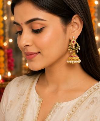 Traditional south indian gold plated jhumka earrings with green stones & pearl drops 2
