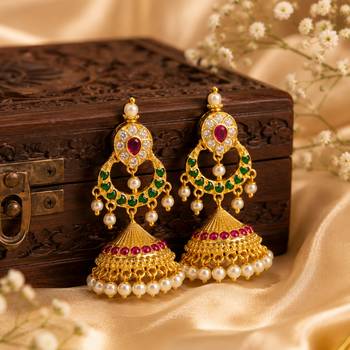 Traditional south indian gold plated jhumka earrings with green stones & pearl drops 3