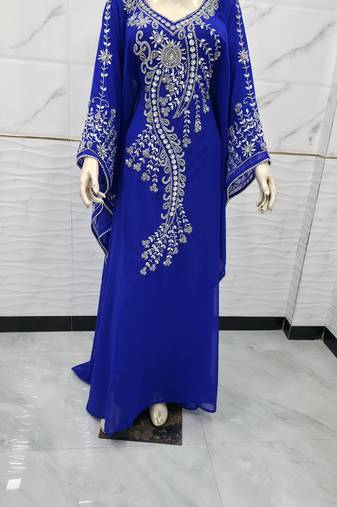 Royal blue silver bedded work georgette stitched kaftan designer party women dresses