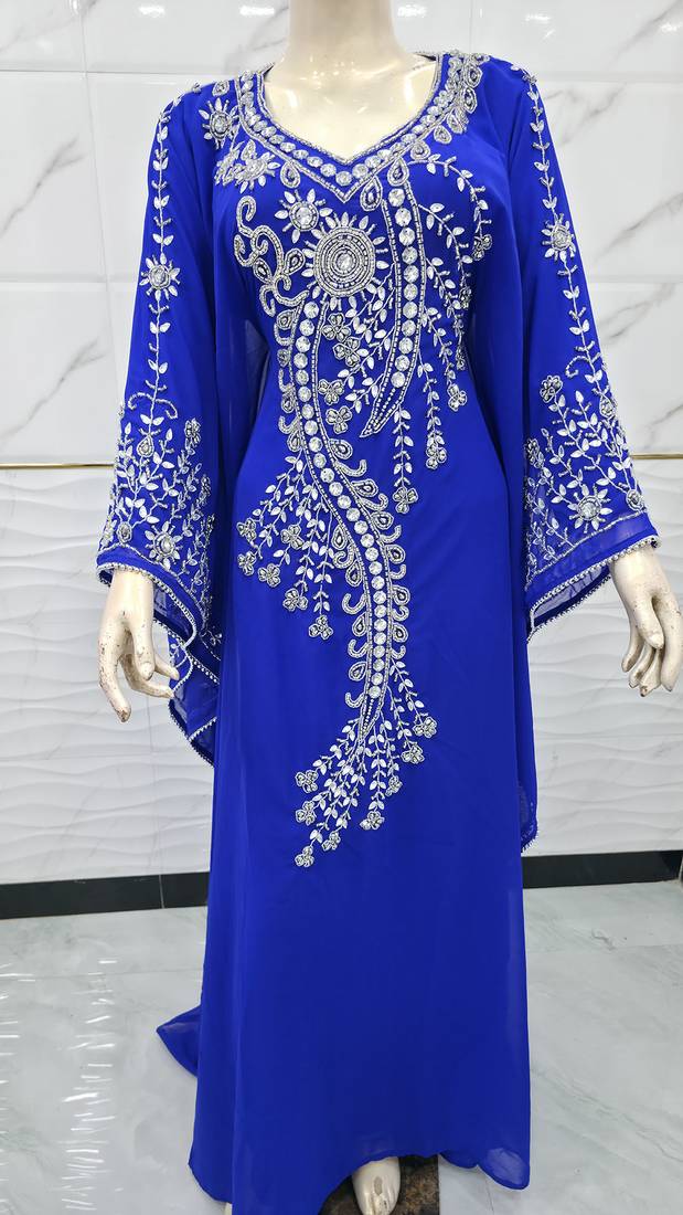 Royal blue silver bedded work georgette stitched kaftan designer party women dresses