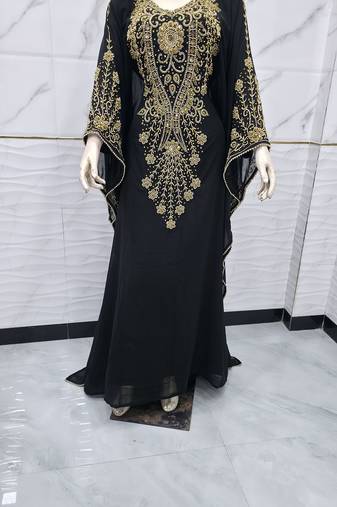 Elegant Black & Gold Embroidered Kaftan Maxi Dress Luxury Party Wear Gown
