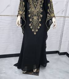 Elegant Black & Gold Embroidered Kaftan Maxi Dress Luxury Party Wear Gown