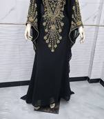 Elegant Black & Gold Embroidered Kaftan Maxi Dress Luxury Party Wear Gown