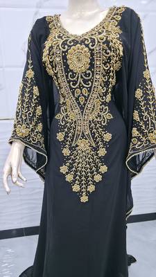 Elegant Black & Gold Embroidered Kaftan Maxi Dress Luxury Party Wear Gown 2