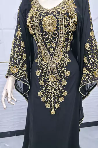 Elegant Black & Gold Embroidered Kaftan Maxi Dress Luxury Party Wear Gown