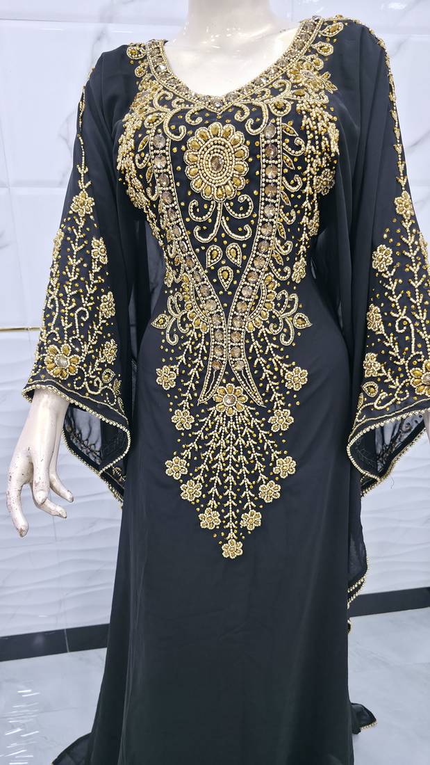 Elegant Black & Gold Embroidered Kaftan Maxi Dress Luxury Party Wear Gown