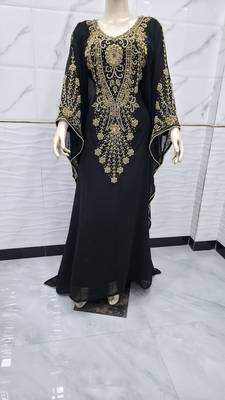 Elegant Black & Gold Embroidered Kaftan Maxi Dress Luxury Party Wear Gown 3