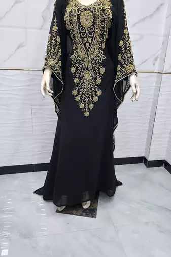 Elegant Black & Gold Embroidered Kaftan Maxi Dress Luxury Party Wear Gown