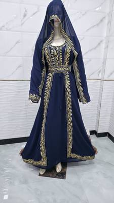 Royal Navy Blue & Gold Embroidered Moroccan Kaftan Gown with Matching Veil 1