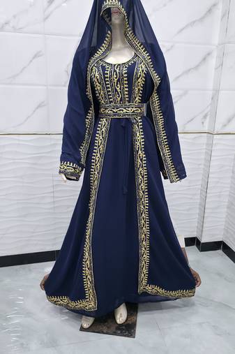 Royal Navy Blue & Gold Embroidered Moroccan Kaftan Gown with Matching Veil