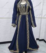 Royal Navy Blue & Gold Embroidered Moroccan Kaftan Gown with Matching Veil