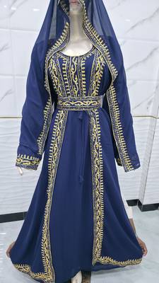 Royal Navy Blue & Gold Embroidered Moroccan Kaftan Gown with Matching Veil 2