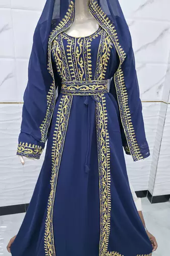 Royal Navy Blue & Gold Embroidered Moroccan Kaftan Gown with Matching Veil