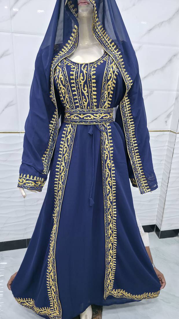 Royal Navy Blue & Gold Embroidered Moroccan Kaftan Gown with Matching Veil