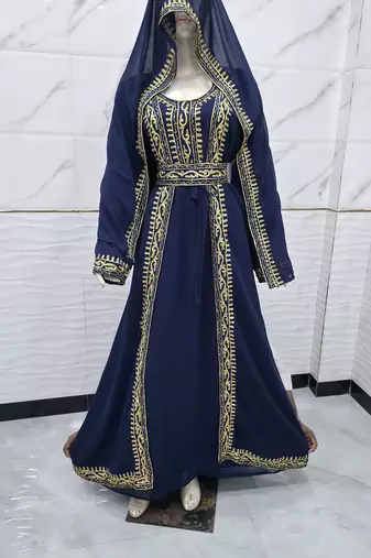 Royal Navy Blue & Gold Embroidered Moroccan Kaftan Gown with Matching Veil