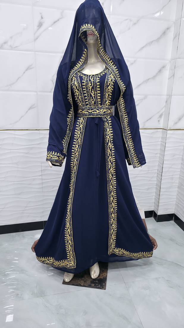 Royal Navy Blue & Gold Embroidered Moroccan Kaftan Gown with Matching Veil