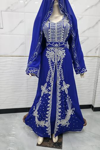 Royal Blue Embroidered Stitched Kaftan Dress with Matching Veil & Belt
