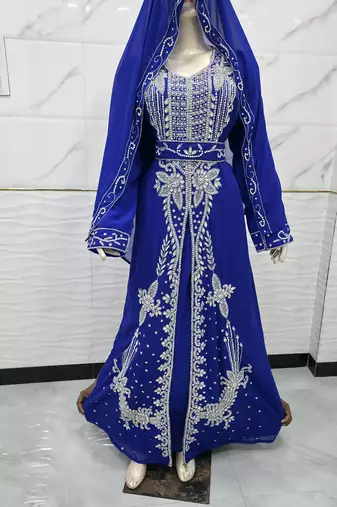 Royal Blue Embroidered Stitched Kaftan Dress with Matching Veil & Belt
