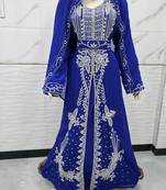 Royal Blue Embroidered Stitched Kaftan Dress with Matching Veil & Belt