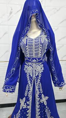 Royal Blue Embroidered Stitched Kaftan Dress with Matching Veil & Belt 2