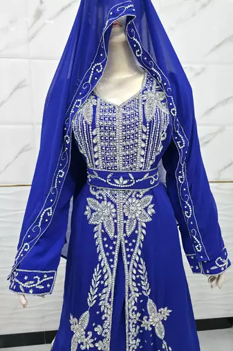 Royal Blue Embroidered Stitched Kaftan Dress with Matching Veil & Belt