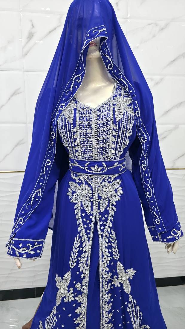Royal Blue Embroidered Stitched Kaftan Dress with Matching Veil & Belt