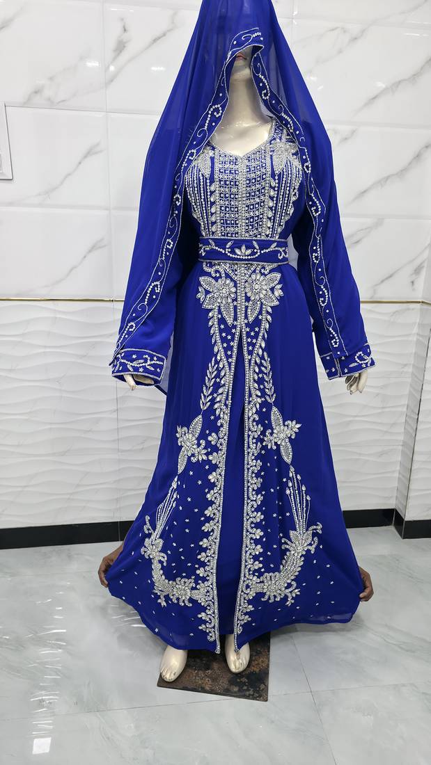 Royal Blue Embroidered Stitched Kaftan Dress with Matching Veil & Belt