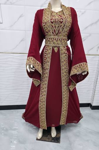 Luxury Maroon Moroccan Kaftan with Heavy Gold Embroidery & Waist Belt