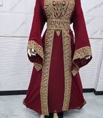 Luxury Maroon Moroccan Kaftan with Heavy Gold Embroidery & Waist Belt