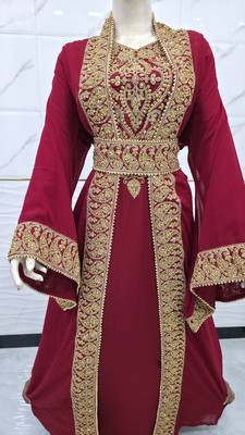 Luxury Maroon Moroccan Kaftan with Heavy Gold Embroidery & Waist Belt 2