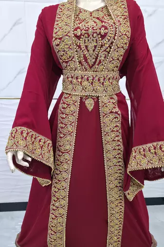 Luxury Maroon Moroccan Kaftan with Heavy Gold Embroidery & Waist Belt