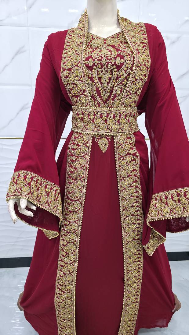 Luxury Maroon Moroccan Kaftan with Heavy Gold Embroidery & Waist Belt
