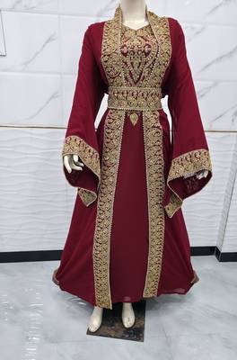 Luxury Maroon Moroccan Kaftan with Heavy Gold Embroidery & Waist Belt 3
