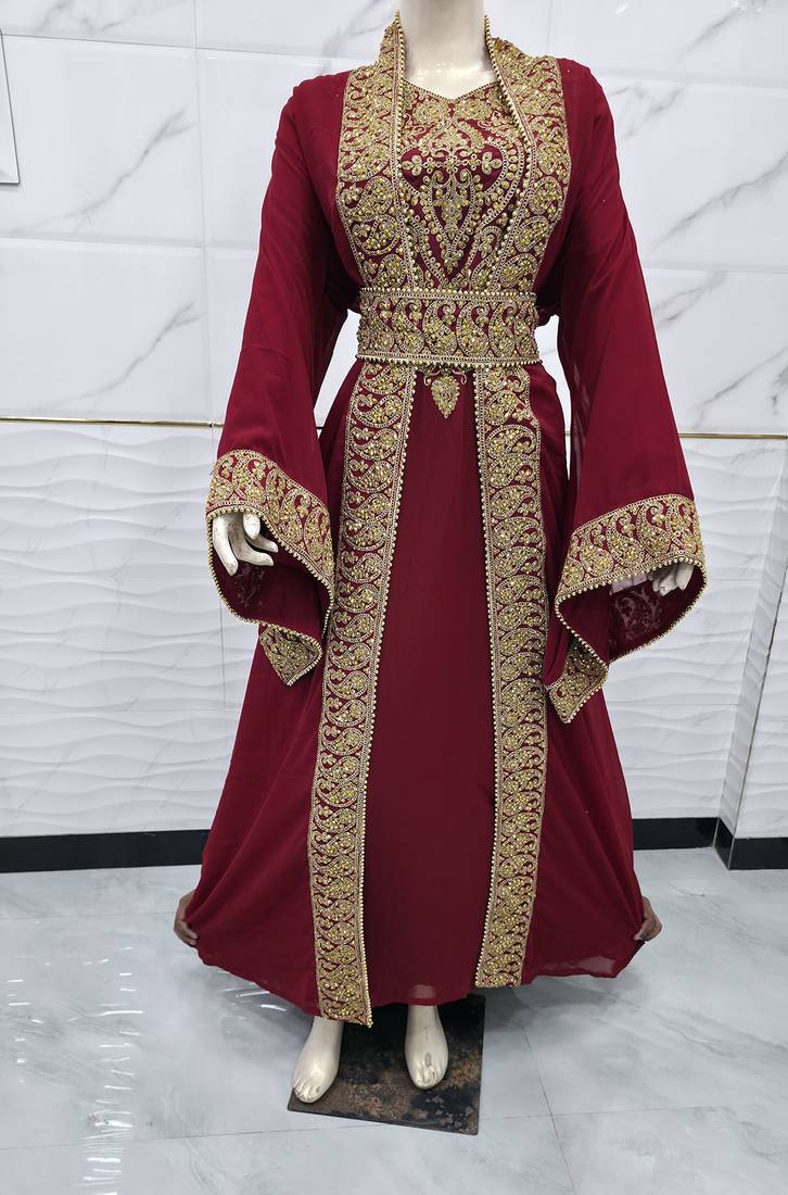 Luxury Maroon Moroccan Kaftan with Heavy Gold Embroidery & Waist Belt