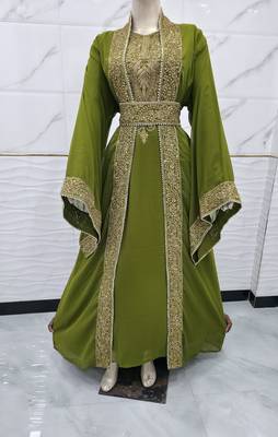 Luxury Olive Green Moroccan Kaftan Dress – Heavy Gold Embroidered Wedding & Party Wear 1