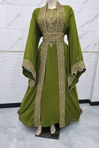 Luxury Olive Green Moroccan Kaftan Dress – Heavy Gold Embroidered Wedding & Party Wear