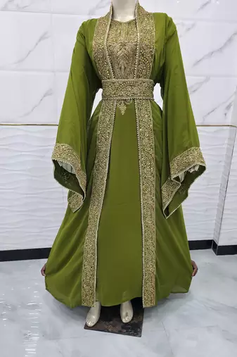 Luxury Olive Green Moroccan Kaftan Dress – Heavy Gold Embroidered Wedding & Party Wear