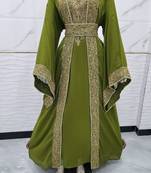 Luxury Olive Green Moroccan Kaftan Dress – Heavy Gold Embroidered Wedding & Party Wear