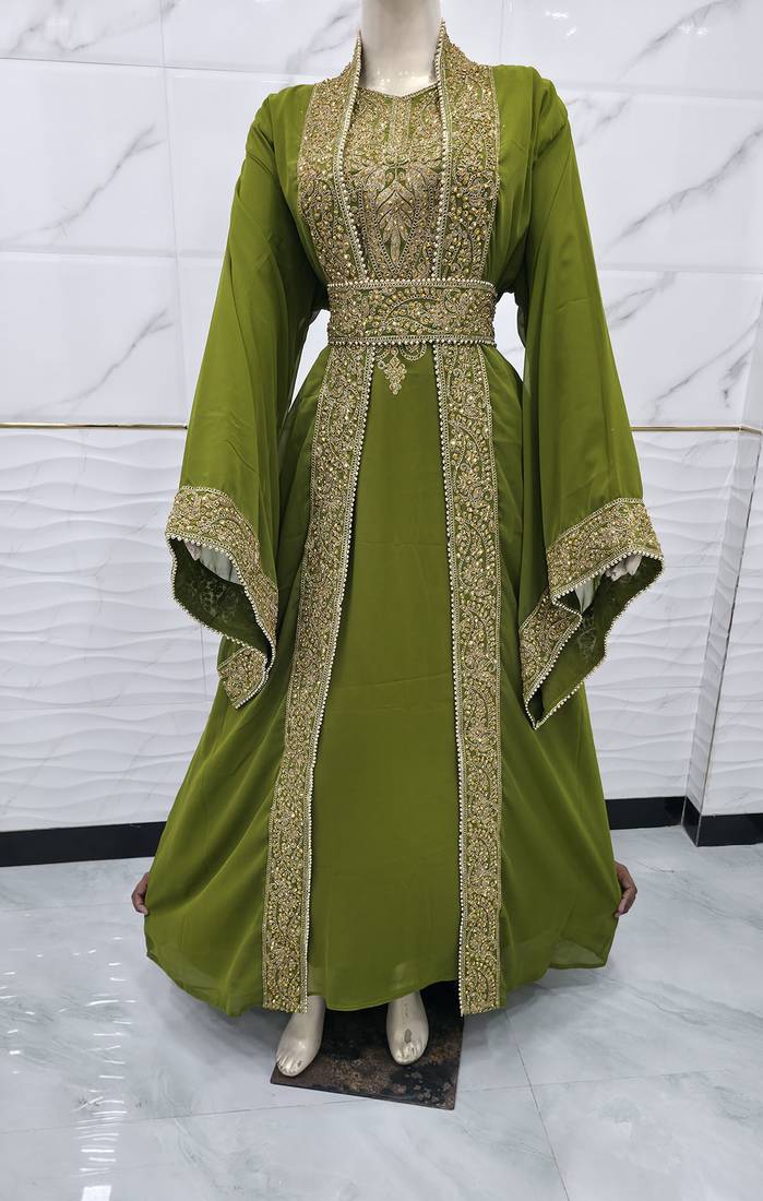 Luxury Olive Green Moroccan Kaftan Dress – Heavy Gold Embroidered Wedding & Party Wear